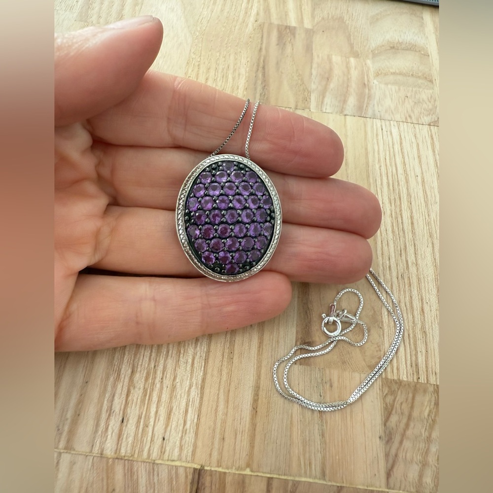 925 Sterling silver oval purple stone pendant necklace - Picture 3 of 11
